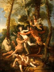Nicolas Poussin, Pan und Syrinx Engelskind greift Menschengruppe an