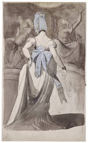 Johann Heinrich Füssli, Dame im Antikensaal, 1798 Werbeplakat für Haarpflegemittel, links Frau im Kleid, Blumenschmuck im Haar