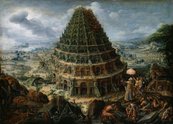 Marten van Valckenborch, Der Turmbau zu Babel, 1595 riesiger, unvollendeter Turm, viele Menschen schaffen Material heran und arbeiten an ihm