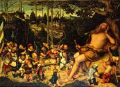 Lucas Cranach der Jüngere, Der schlafende Herkules und die Pygmäen Viele Zwerge greifen schlafenden Riesen an