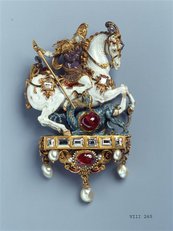 Anhänger mit dem Heiligen Georg als Drachentöter Bewaffneter Reiter sticht Ungeheuer nieder