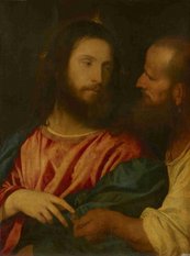 Tizian, Der Zinsgroschen Mann übergibt Münze an Jesus, enger Körperkontakt