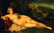 Jacopo Palma il Vecchio, Ruhende Venus Frau liegt nackt auf Tüchern in einer Landschaft