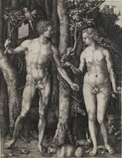 Albrecht Dürer, Adam und Eva, 1504 zwei nackte Frauen halten halbnackten Mann im Narrenkostüm fest, eine Frau in Badezuber