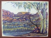 Aquarell Malerei einer Landschaft mit Fluss und Bergen