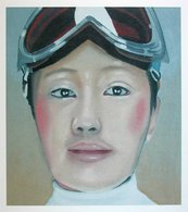 Eberhard Havekost, Snow lounge (1), 2000 nackte, breitere, muskulöse Frau stößt sich ein Schwert in die Brust