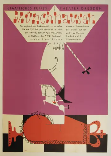 Münchhausen. Ein unglaubliches Spektakelstück. 29. April 1959. Plakat vom Puppentheater Dresden zwei Monsterhände mit schmalen Fingern