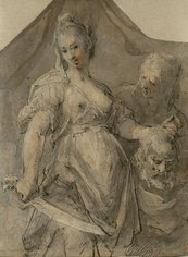 Hans von Aachen, Judith mit dem Haupt des Holofernes, nach 1605 zwei nackte Frauen, eine sitzend, skizzenhaft
