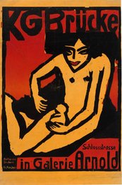 Ernst Ludwig Kirchner, Plakat: "KG Brücke" in der Galerie Arnold in Dresden, 1910 bespielte Theaterbühne, davor ein Orchester, an den Rängen Zuschauer