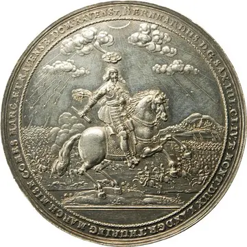 Herzog Bernhard - Einnahme von Breisach Medaille, darauf Mann in Rüstung auf einem Pferd