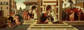 Sandro Botticelli, Aus dem Leben des heiligen Zenobius Junge wird links von Wagen überrollt und in der Mitte auferweckt, rechts ein Mann im Sterbebett