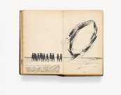 Gerhard Richter. Ohne Titel (Comic Strip) aufgeschlagenes Skizzenbuch, links sind mehrere Personen skizziert, rechts ein Kreis
