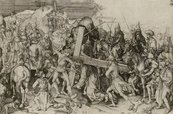 Martin Schongauer, Die große Kreuztragung, vor 1485 vier Fische im Wasser