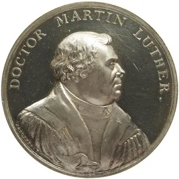 Martin Luther - 3. Säkularfeier der Reformation in Sachsen Medaille, darauf seitliches Portrait von Luther