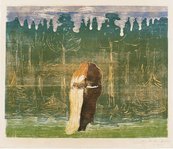 Edvard Munch, Zum Walde II, 1915 zwei Jungen an einer Mauer, einer beugt sich zu einem Objekt herab